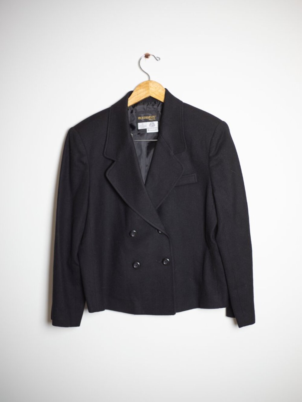 Vintage Black Wool Blazer | Double Breasted | Cropped | Size 14P Fits M